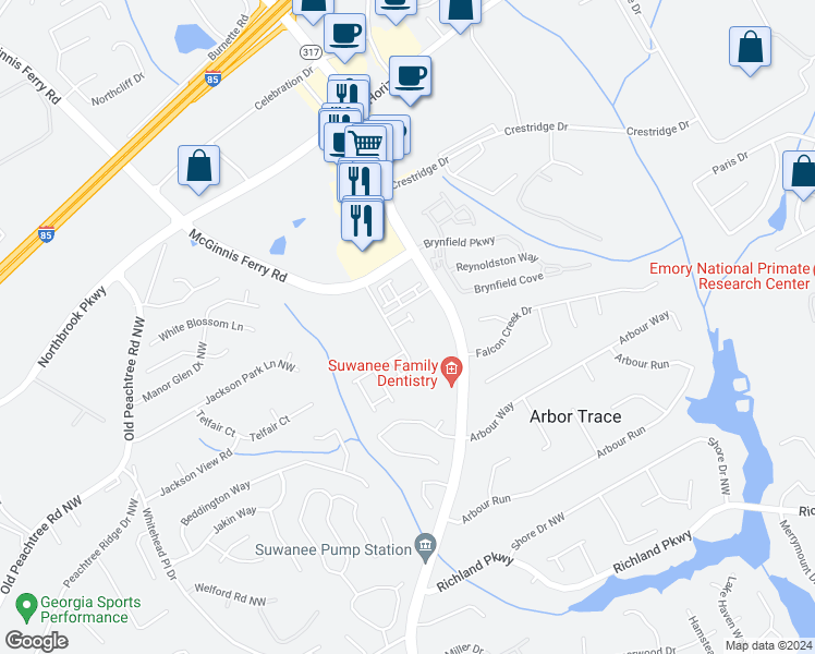 map of restaurants, bars, coffee shops, grocery stores, and more near 2566 Lawrenceville Suwanee Rd in Suwanee