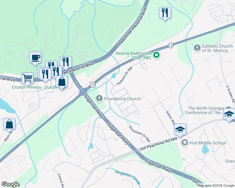 map of restaurants, bars, coffee shops, grocery stores, and more near 2088 Deptford Drive in Duluth