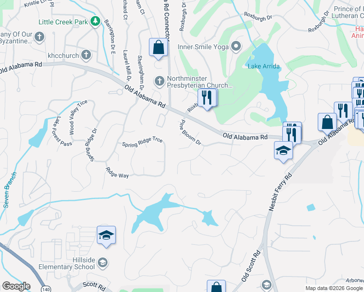 map of restaurants, bars, coffee shops, grocery stores, and more near 320 South Satinwood Place in Roswell