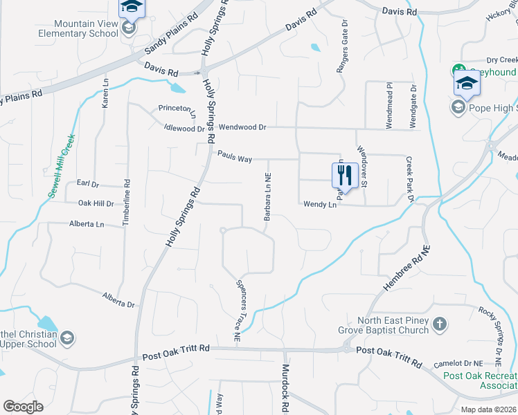 map of restaurants, bars, coffee shops, grocery stores, and more near 2881 Barbara Lane Northeast in Marietta