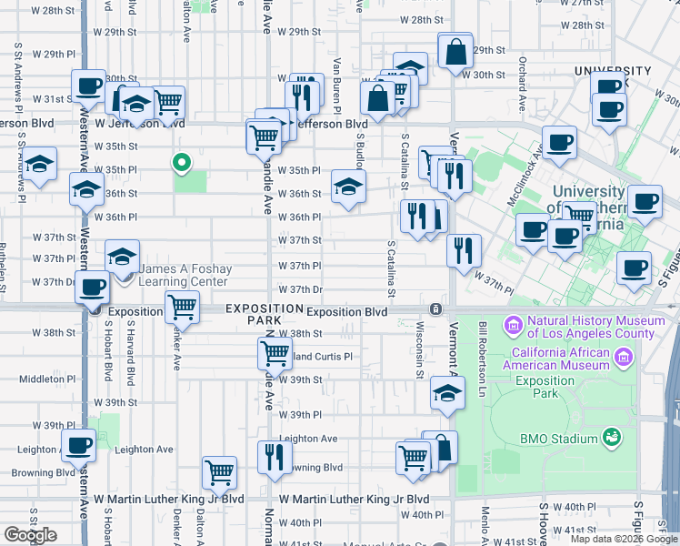 map of restaurants, bars, coffee shops, grocery stores, and more near 1280 West 37th Place in Los Angeles