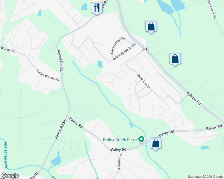 map of restaurants, bars, coffee shops, grocery stores, and more near 3388 Clear Stream Run Northeast in Auburn