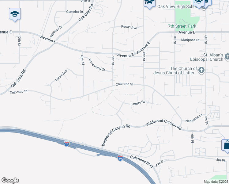 map of restaurants, bars, coffee shops, grocery stores, and more near 33507 Colorado Street in Yucaipa