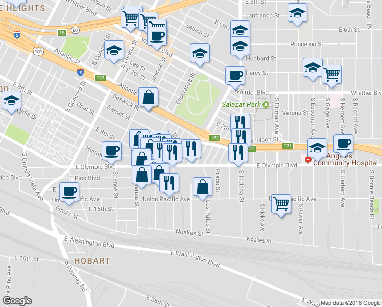 map of restaurants, bars, coffee shops, grocery stores, and more near 1151 Calzona Street in Los Angeles