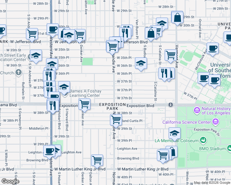 map of restaurants, bars, coffee shops, grocery stores, and more near 1408 West 37th Place in Los Angeles