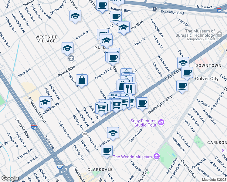 map of restaurants, bars, coffee shops, grocery stores, and more near 3670 Glendon Avenue in Los Angeles