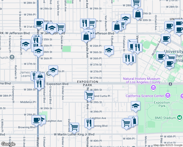 map of restaurants, bars, coffee shops, grocery stores, and more near 1366 West 37th Place in Los Angeles