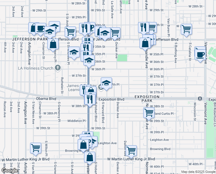 map of restaurants, bars, coffee shops, grocery stores, and more near 3734 South Harvard Boulevard in Los Angeles