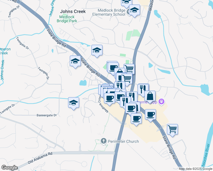 map of restaurants, bars, coffee shops, grocery stores, and more near 5960 State Bridge Road in Alpharetta