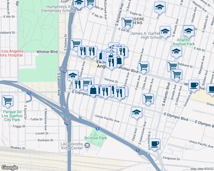 map of restaurants, bars, coffee shops, grocery stores, and more near 1025 South Kern Avenue in East Los Angeles
