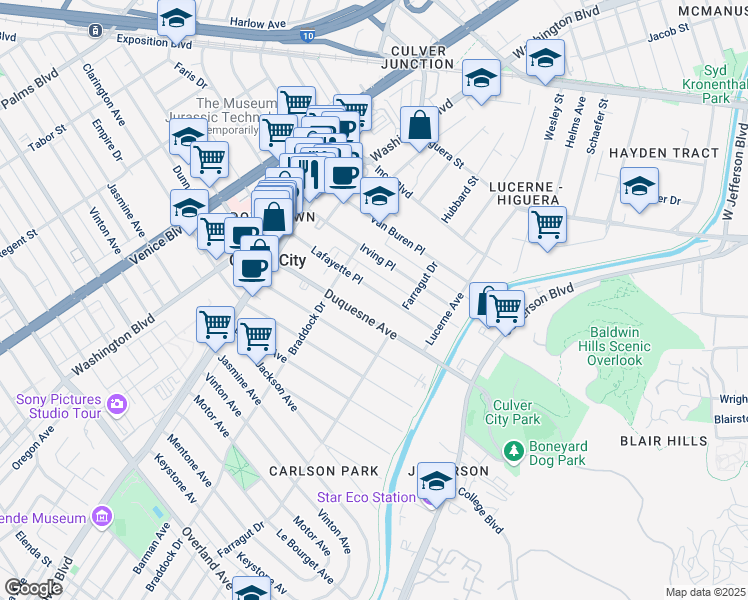 map of restaurants, bars, coffee shops, grocery stores, and more near 4156 Lafayette Place in Culver City