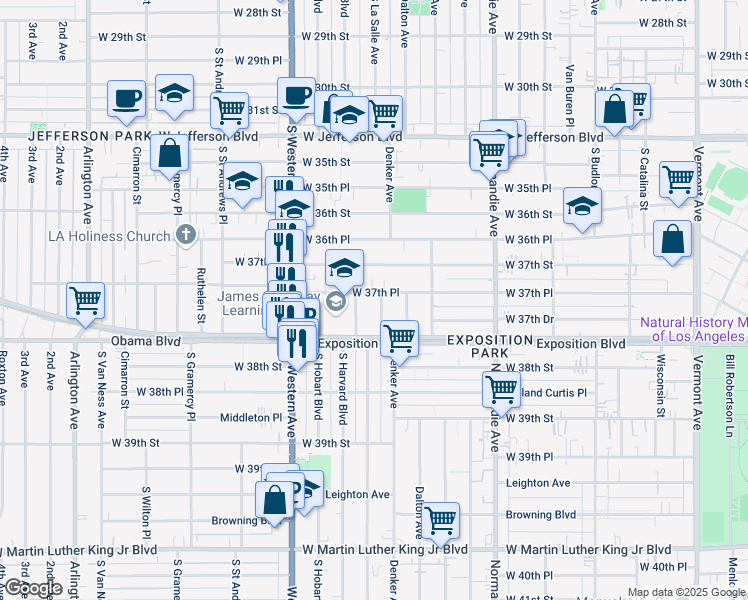 map of restaurants, bars, coffee shops, grocery stores, and more near 1572 West 37th Place in Los Angeles