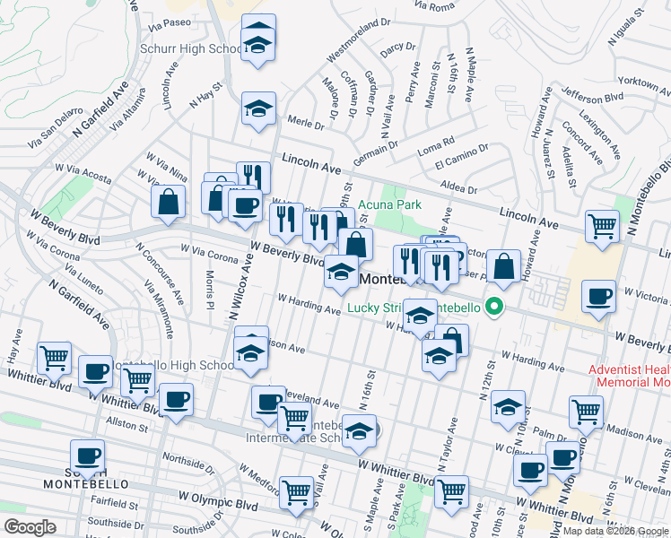 map of restaurants, bars, coffee shops, grocery stores, and more near 1811 West Beverly Boulevard in Montebello