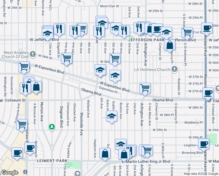 map of restaurants, bars, coffee shops, grocery stores, and more near 2511 West Exposition Place in Los Angeles