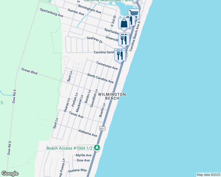 map of restaurants, bars, coffee shops, grocery stores, and more near 1311 Bowfin Lane in Carolina Beach
