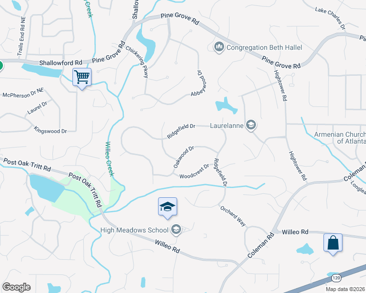 map of restaurants, bars, coffee shops, grocery stores, and more near 1570 Oakwood Drive in Roswell