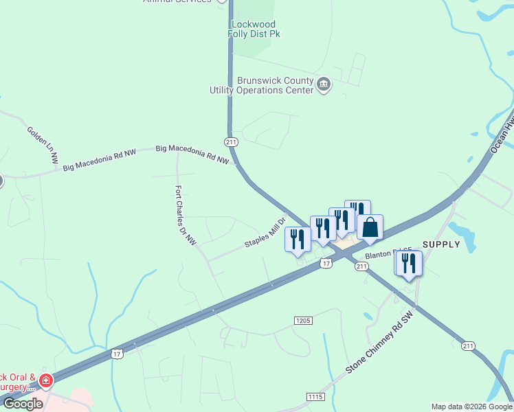 map of restaurants, bars, coffee shops, grocery stores, and more near 131 Green Swamp Rd NW in Brunswick