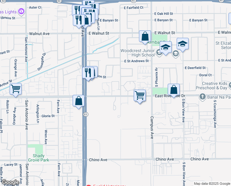 map of restaurants, bars, coffee shops, grocery stores, and more near 451 East Riverside Drive in Ontario