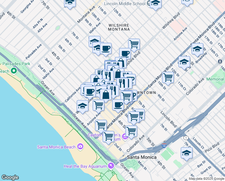 map of restaurants, bars, coffee shops, grocery stores, and more near 1234 6th Street in Santa Monica