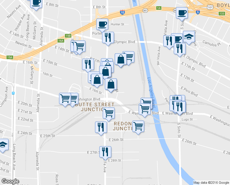 map of restaurants, bars, coffee shops, grocery stores, and more near 2465 East 16th Street in Los Angeles