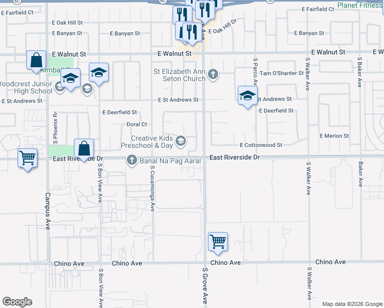 map of restaurants, bars, coffee shops, grocery stores, and more near 2942 South Virginia Place in Ontario