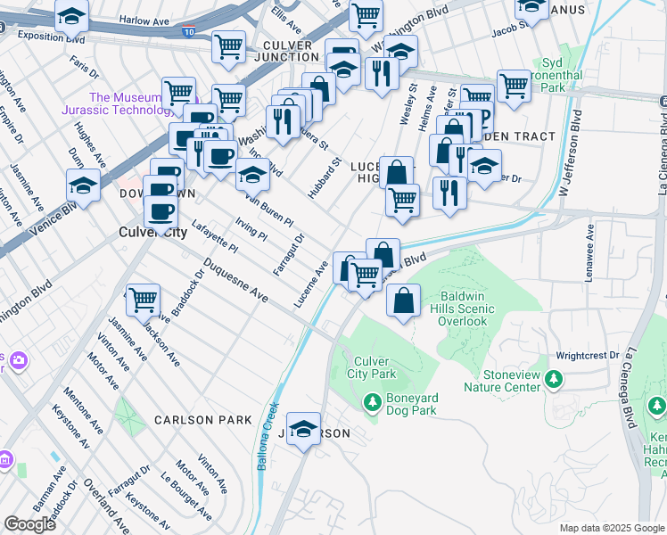 map of restaurants, bars, coffee shops, grocery stores, and more near in Culver City