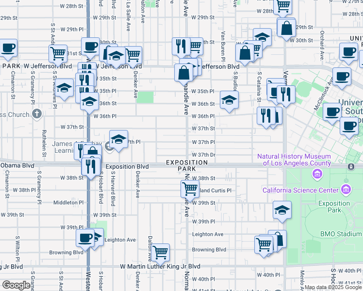 map of restaurants, bars, coffee shops, grocery stores, and more near 1412 1/2 West 37th Place in Los Angeles