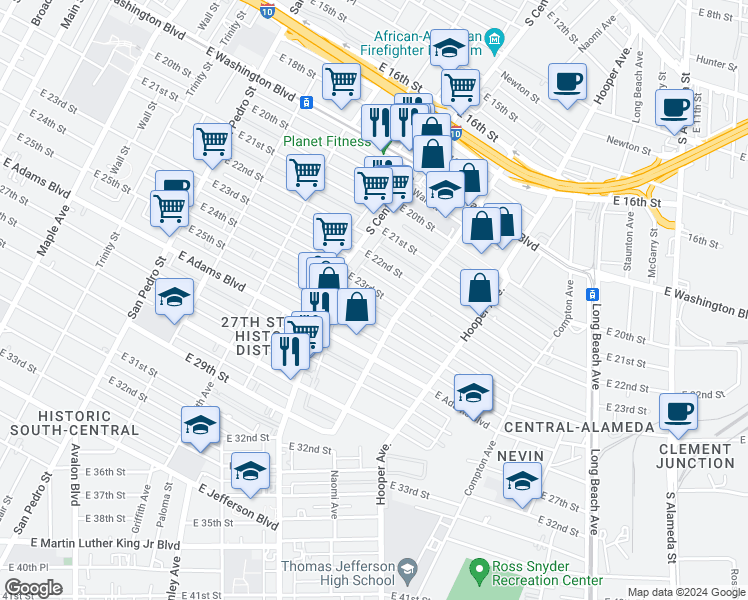map of restaurants, bars, coffee shops, grocery stores, and more near 1352 East 23rd Street in Los Angeles