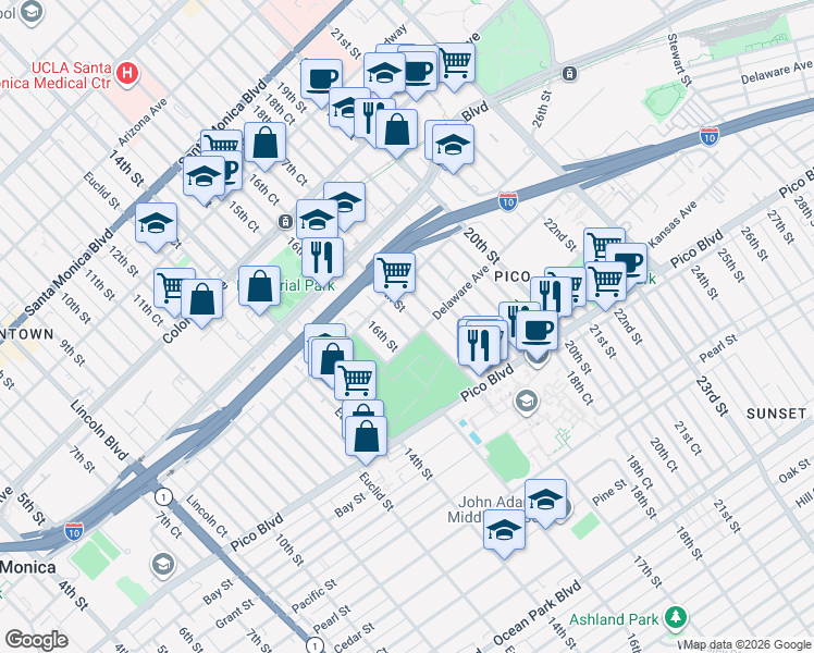 map of restaurants, bars, coffee shops, grocery stores, and more near 1824 17th Street in Santa Monica