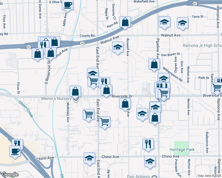 map of restaurants, bars, coffee shops, grocery stores, and more near 12844 Oxalis St in Chino