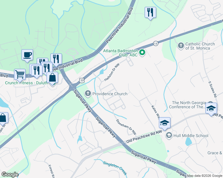 map of restaurants, bars, coffee shops, grocery stores, and more near 1993 Hailston Lane in Duluth