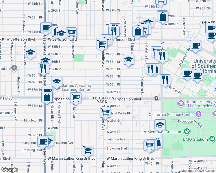 map of restaurants, bars, coffee shops, grocery stores, and more near 1366 West 37th Place in Los Angeles
