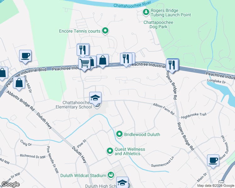 map of restaurants, bars, coffee shops, grocery stores, and more near 2547 Albion Farm Way in Duluth