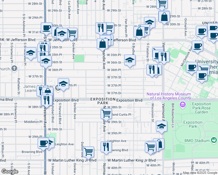 map of restaurants, bars, coffee shops, grocery stores, and more near 1348 West 37th Place in Los Angeles