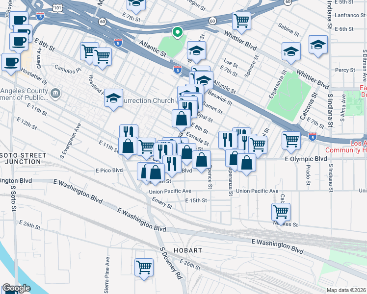 map of restaurants, bars, coffee shops, grocery stores, and more near 1257 Velasco Street in Los Angeles