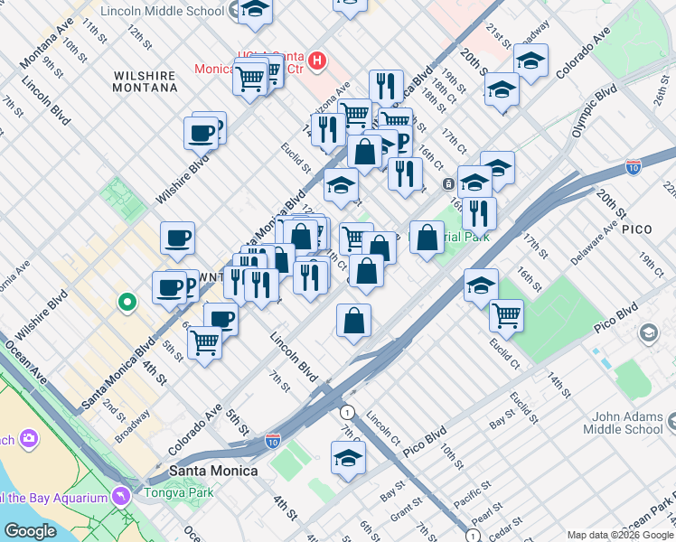 map of restaurants, bars, coffee shops, grocery stores, and more near 1543 11th Street in Santa Monica