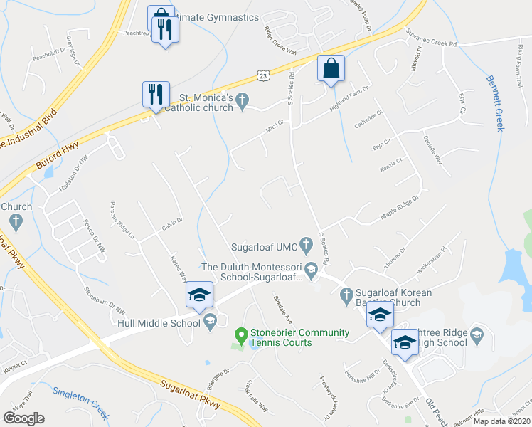 map of restaurants, bars, coffee shops, grocery stores, and more near 3555 Stately Oaks Lane Northwest in Duluth