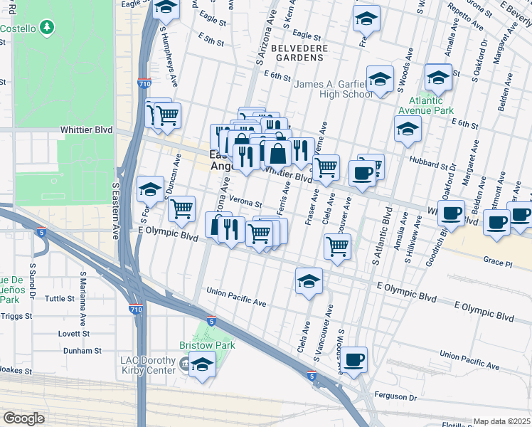 map of restaurants, bars, coffee shops, grocery stores, and more near 1009 South Fetterly Avenue in East Los Angeles