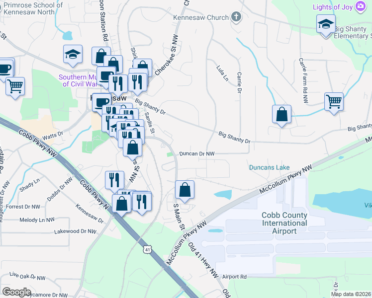 map of restaurants, bars, coffee shops, grocery stores, and more near 1994 Duncan Drive Northwest in Kennesaw