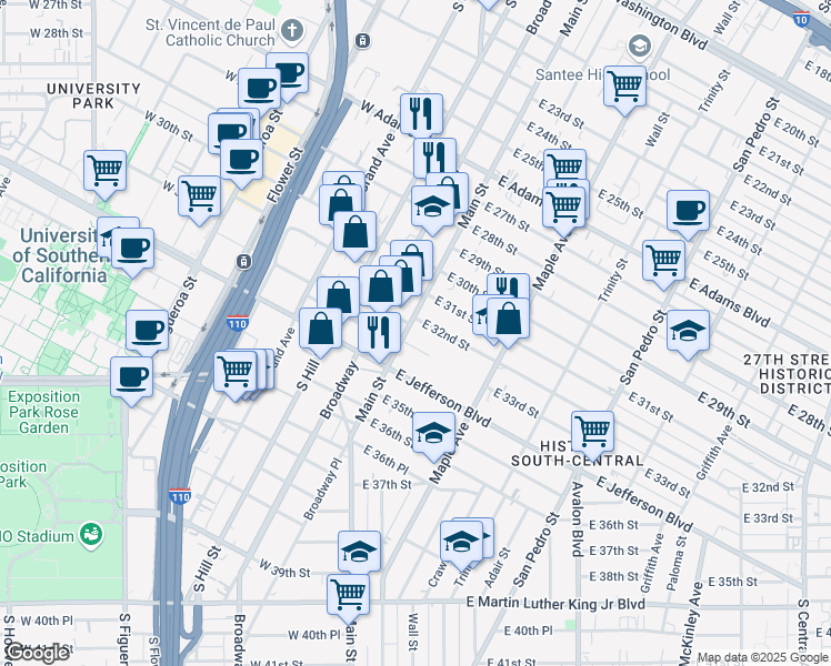 map of restaurants, bars, coffee shops, grocery stores, and more near 3212 South Main Street in Los Angeles