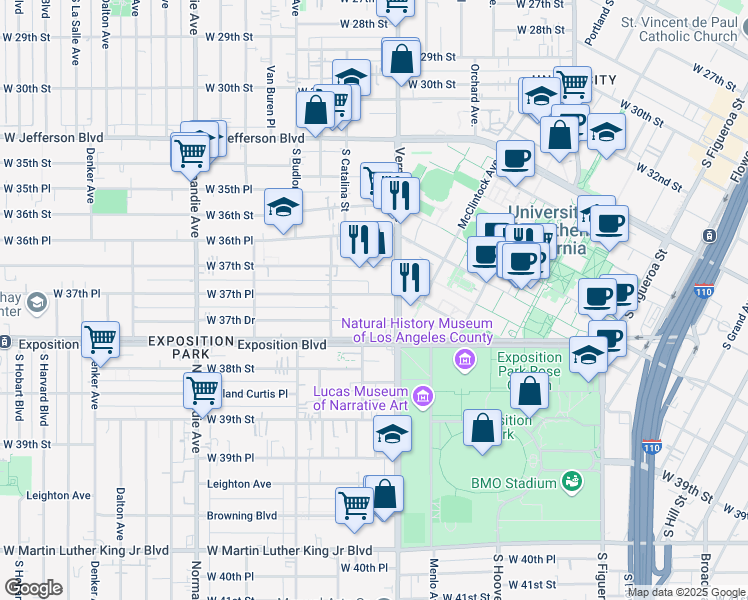 map of restaurants, bars, coffee shops, grocery stores, and more near 1128 West 37th Place in Los Angeles