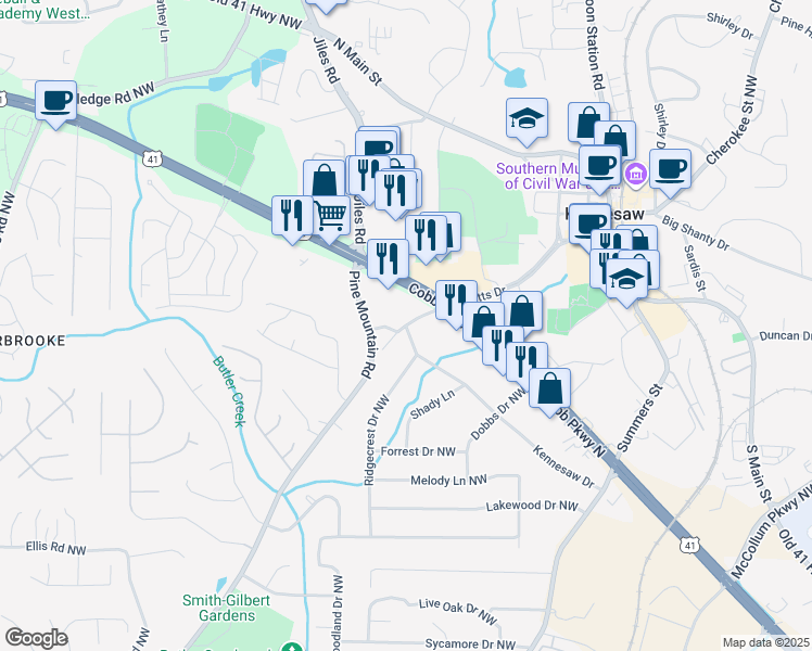 map of restaurants, bars, coffee shops, grocery stores, and more near Kennesaw Drive Northwest in Kennesaw