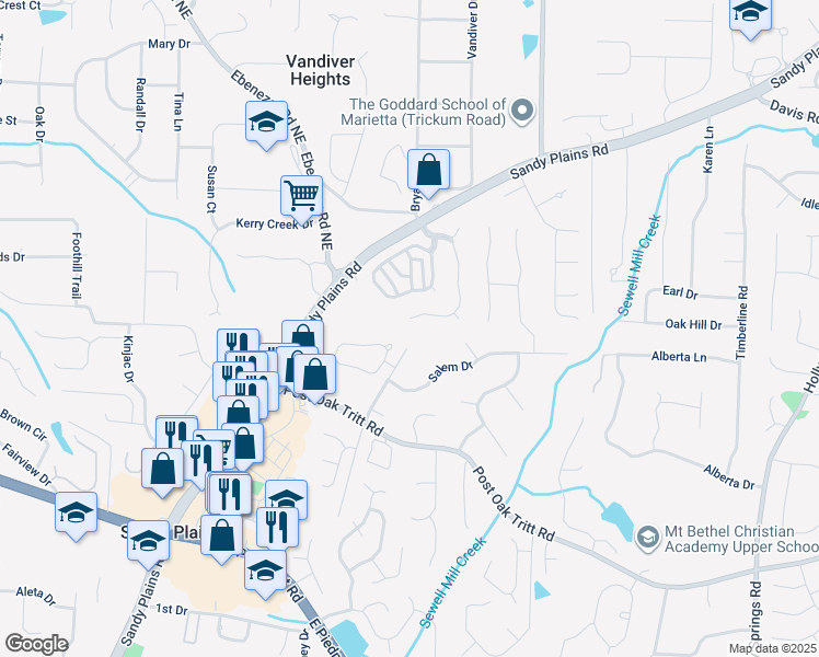 map of restaurants, bars, coffee shops, grocery stores, and more near 2704 Harper Woods Drive in Marietta