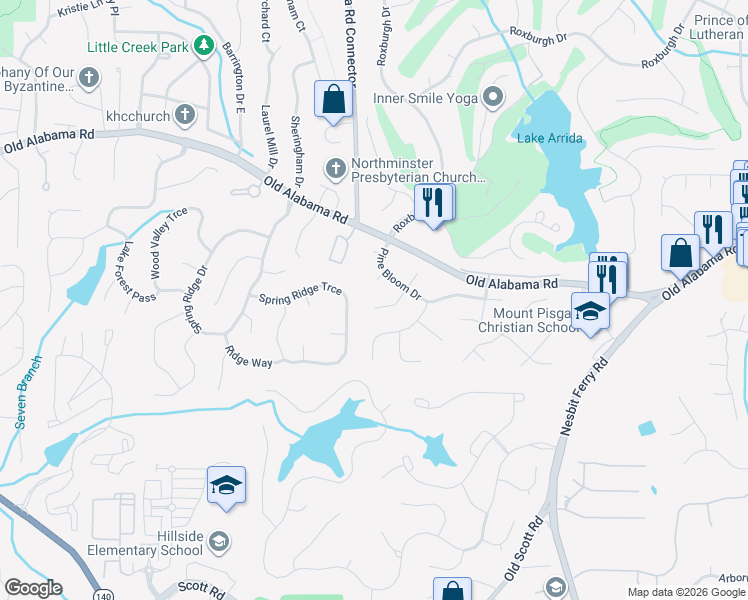 map of restaurants, bars, coffee shops, grocery stores, and more near 350 South Satinwood Place in Roswell