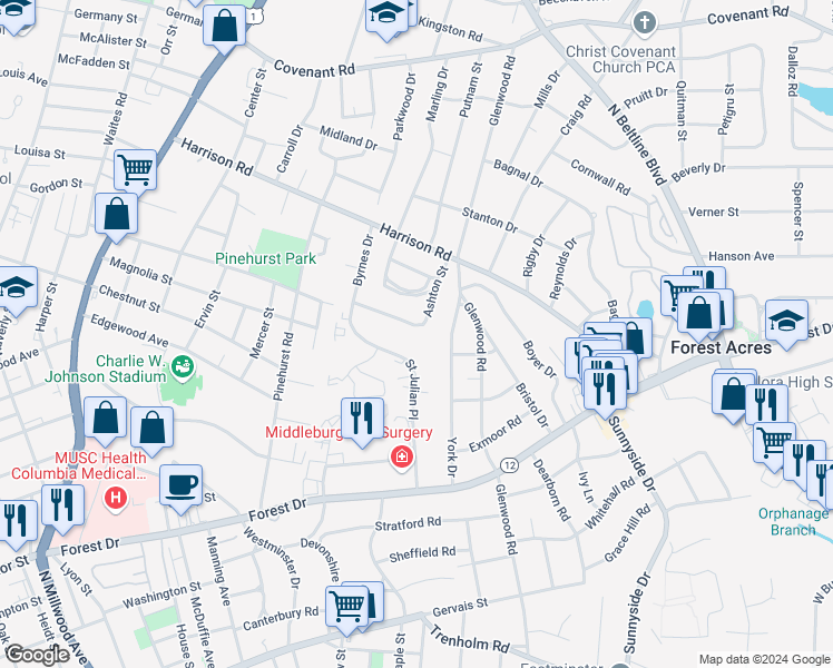 map of restaurants, bars, coffee shops, grocery stores, and more near 2838 Ashton Street in Columbia