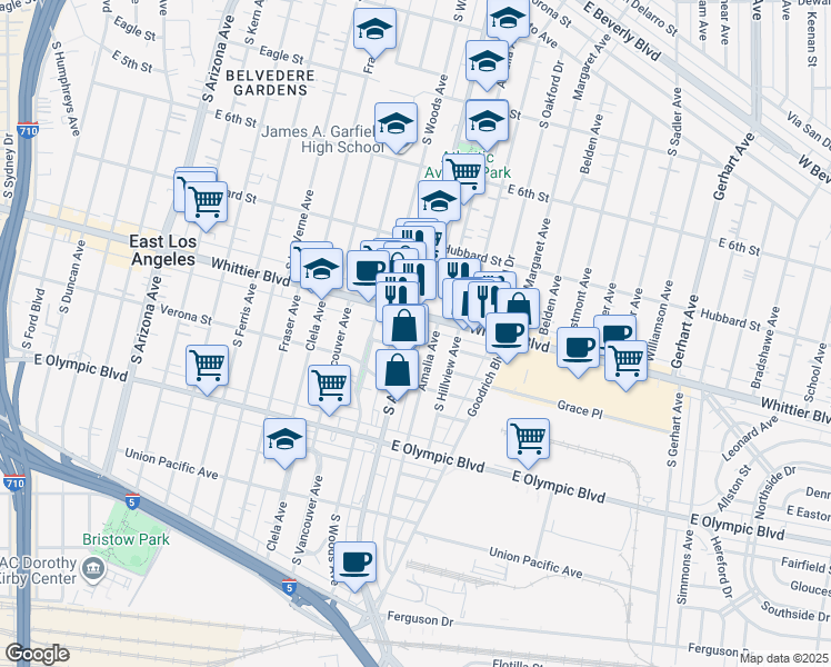 map of restaurants, bars, coffee shops, grocery stores, and more near 5226 Whittier Boulevard in East Los Angeles