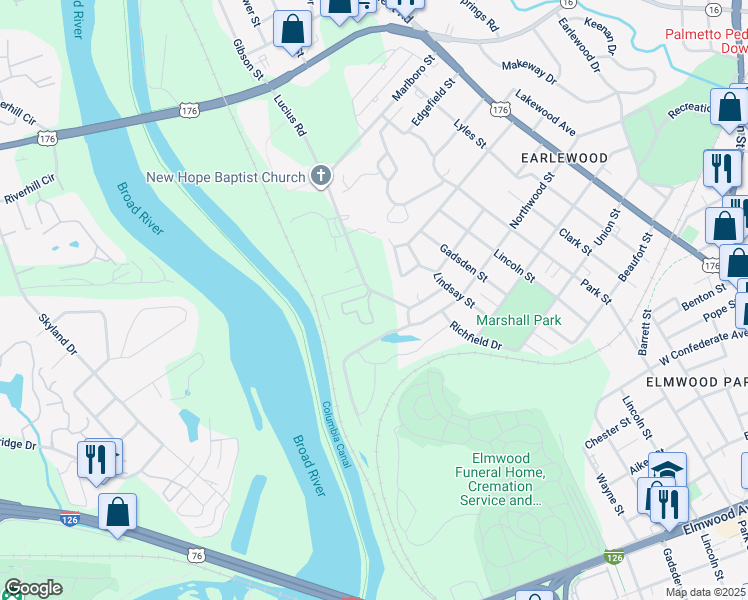 map of restaurants, bars, coffee shops, grocery stores, and more near 3245 Lucius Road in Columbia