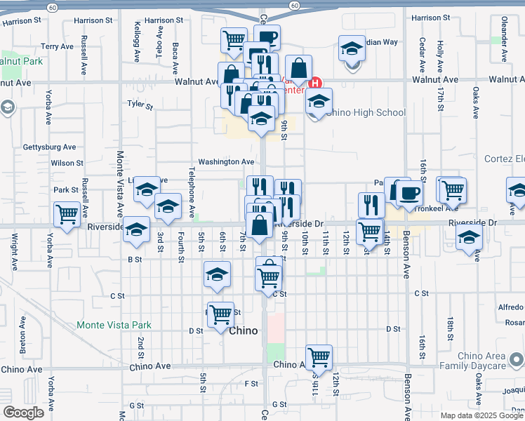 map of restaurants, bars, coffee shops, grocery stores, and more near 12848 Central Avenue in Chino