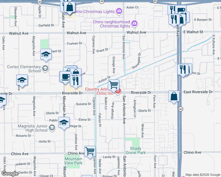map of restaurants, bars, coffee shops, grocery stores, and more near 6591 Mogano Drive in Chino