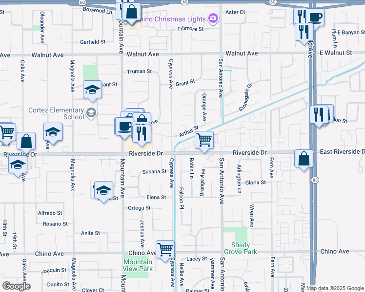 map of restaurants, bars, coffee shops, grocery stores, and more near 6526 Mogano Drive in Chino